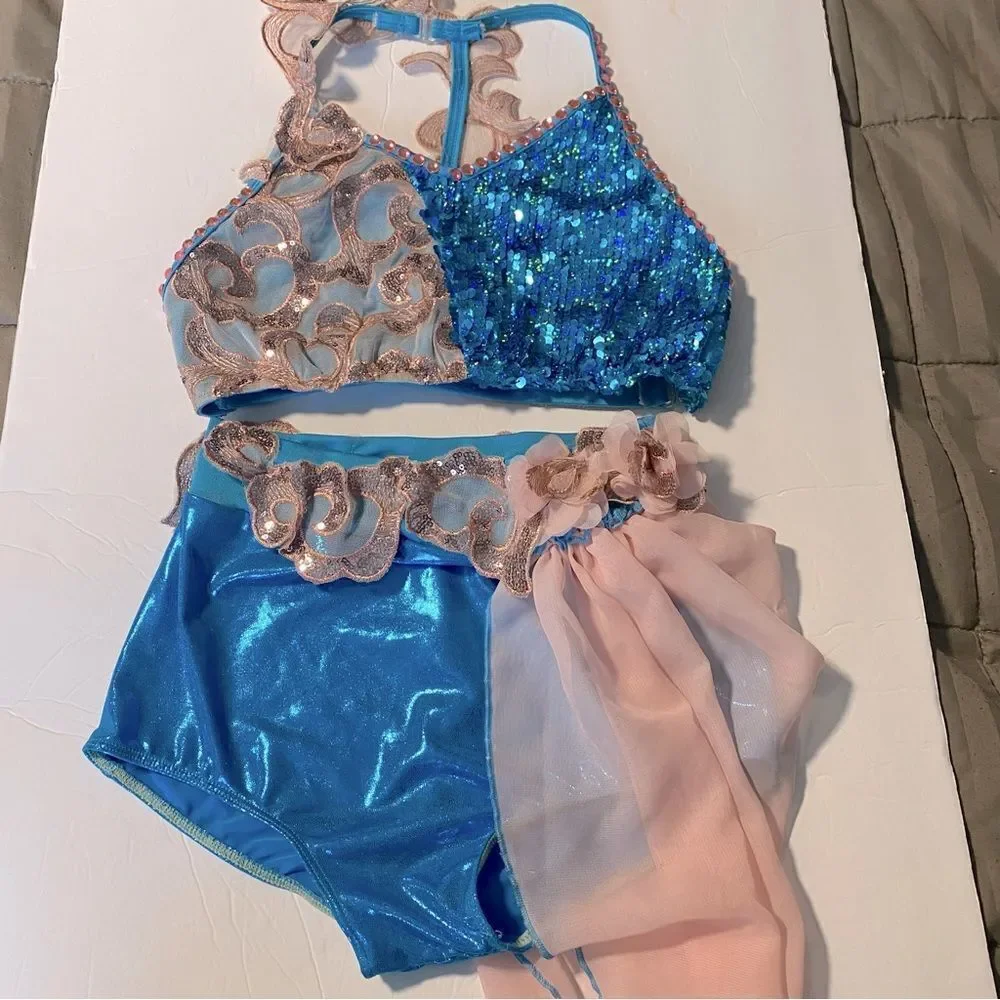 Glamour solo dance costume 2 piece blue pink sequin lace XLC-Extra large child